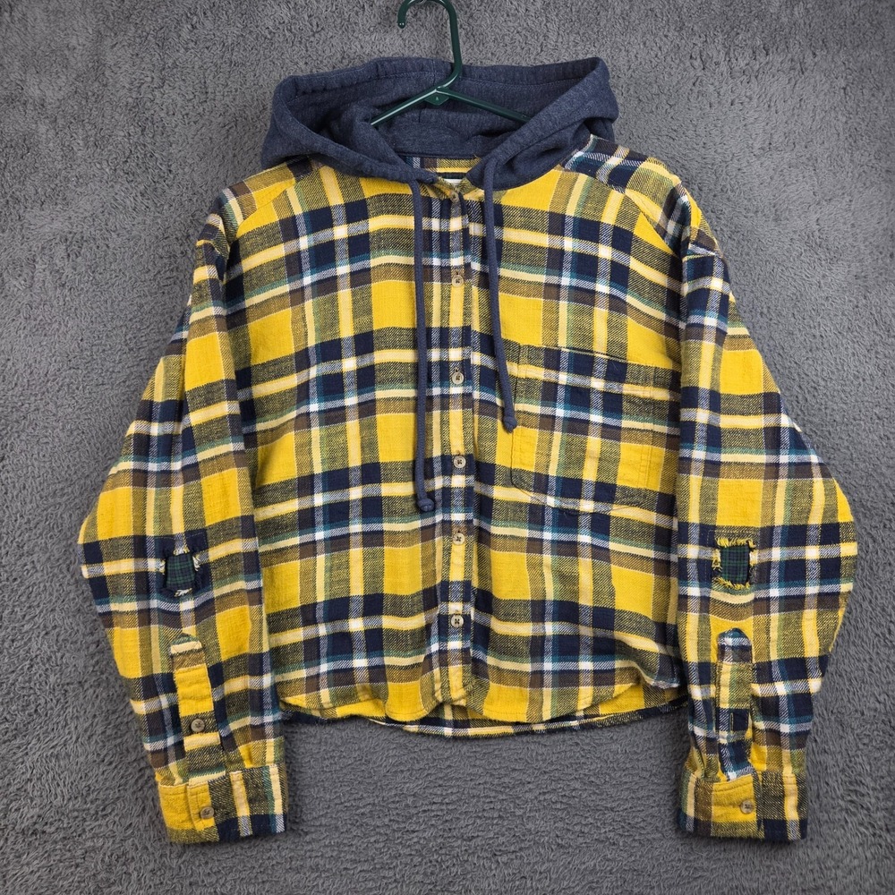 American Eagle Button Up Shirt Women's Large Flannel Hoodie Yellow Plaid